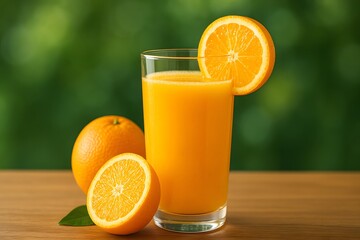 Fresh orange juice in a clear glass with sliced and whole oranges on a wooden surface. Blurred green background creates a natural, refreshing, and healthy summer vibe. Commercial-style photo.