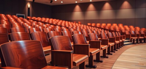 A long row of empty wooden chairs in a bright auditorium, empty, row