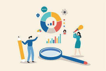 Market research, marketing or advertising survey to launch product, competitors research or social media report marketing report concept, business people look at magnify market data chart and graph.