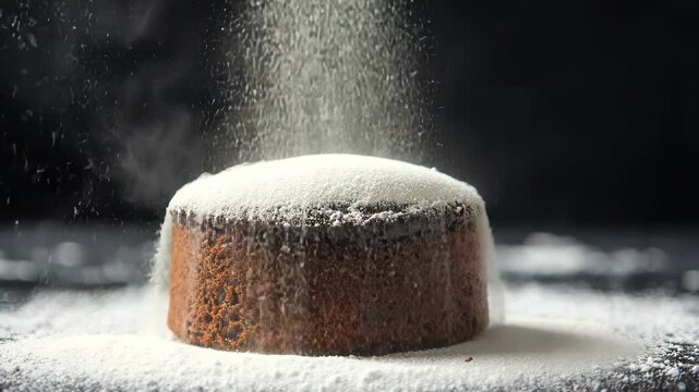 Luxurious dark chocolate souffle with a powdered sugar dusting and a hint of espresso aroma. .