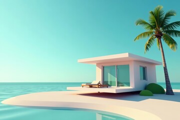 Fototapeta premium A modern low poly beach house with palm trees against a clear blue sky, architecture, relaxation, low poly