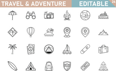 Travel Adventure Icons Editable Line Art Graphics Pack