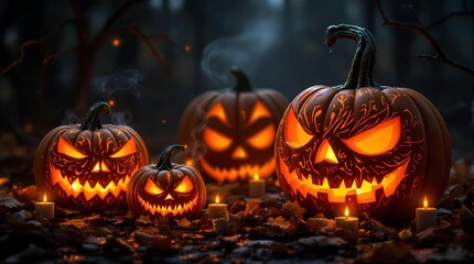 Halloween pumpkins with carved faces and candles