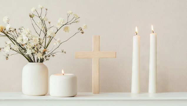 Cross and candles illuminated by warm lighting, suitable for websites, blogs, and holiday decor with a spiritual theme