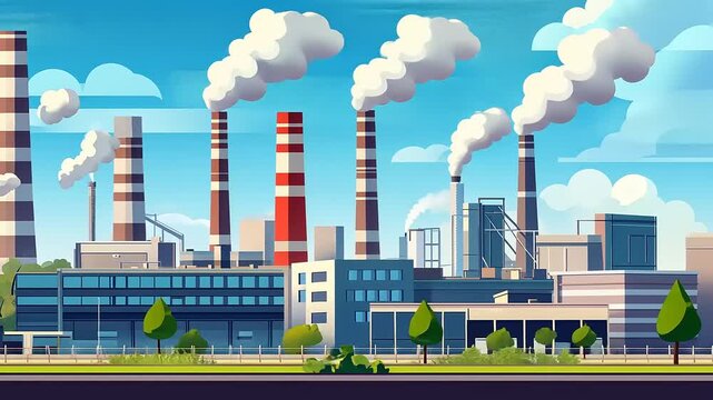 Colorful illustration of a modern industrial landscape with smokestacks and factories under a blue sky