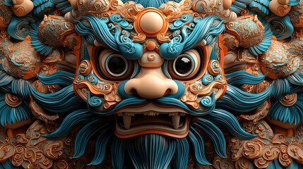 Fototapeta premium Intricate details of a majestic, ornate lion's head, rendered in vibrant teal and burnt orange hues. 3D textured art