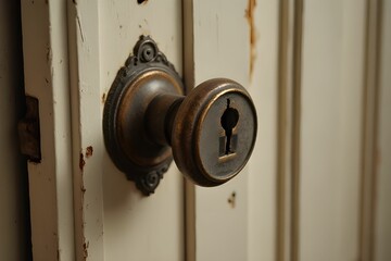 Vintage style doorknob on wood door. Safety concept. Old fashioned or antique door knob