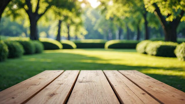 Empty wooden picnic table in a park, space for creativity.