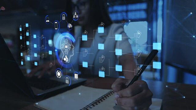 Ai Futuristic holographic interface of a file manager, folder structure with documents and data scanning, digital document storage software, cloud database, search and manage documents, paperless