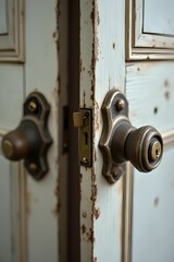 Vintage style doorknob on wood door. Safety concept. Old fashioned or antique door knob