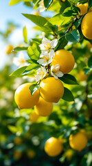 Lemon tree branch with yellow fruit, leaves and flowers in the morning. Vertical layout