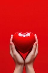 Hands Holding Red Heart Against Red Background