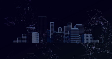 Image of networks of connections, dna structure and cityscape on blue background
