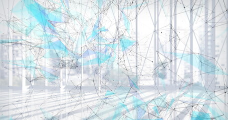 Image of network of connections spinning over empty office in background