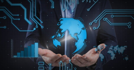 Image of processor circuit board with globe spinning over businessman's hands