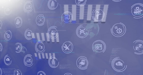 Image of network of icons and data processing on purple background