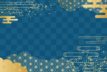 藍色と金色の高級感のある和柄 背景　市松模様　	
