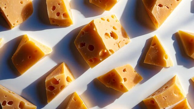 Aged hard cheese, rough pieces. Isolated shadows, overhead view with clipping paths.
