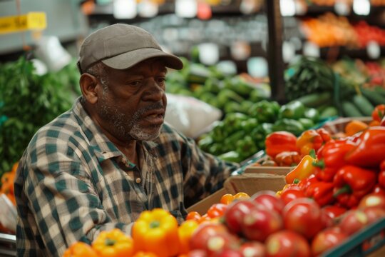 Man Selecting Fresh Vegetables in Grocery Store