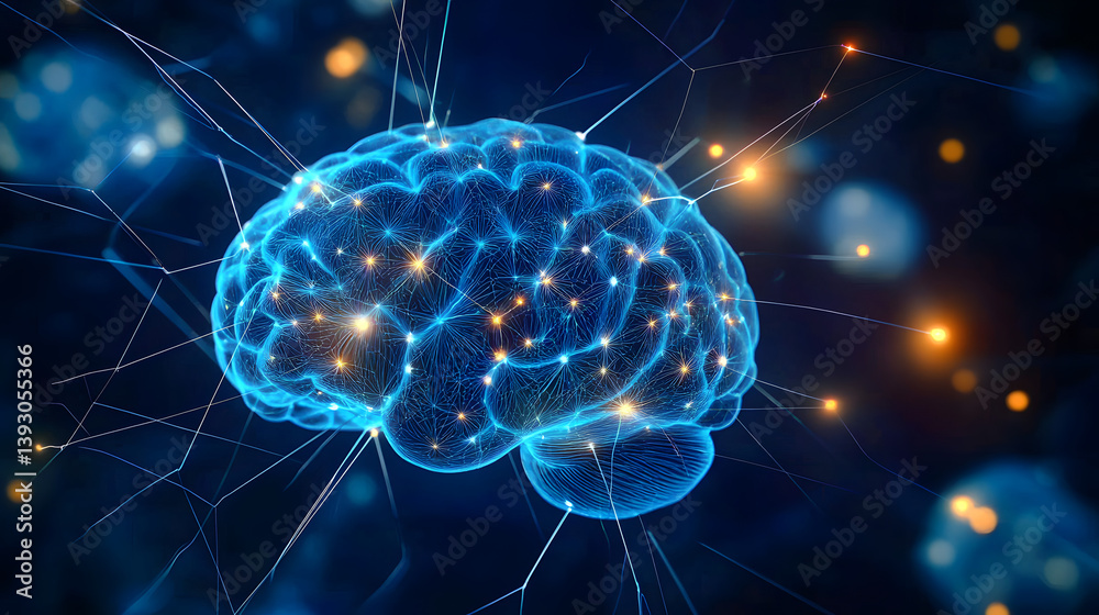 Poster abstract glowing brain with network lines and points on a dark blue background.