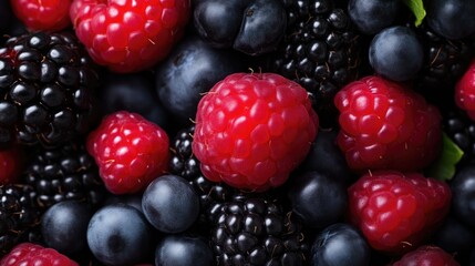 Vibrant mix of fresh berries.  A close-up view of a medley of plump, juicy raspberries, blueberries, and blackberries.  The rich colors and textures create a visually appealing display