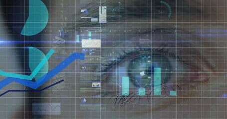 Image of statistics and data processing over woman's eye in background
