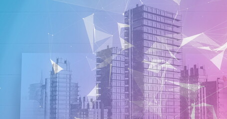 Image of network of connections over cityscape on pink to blue background