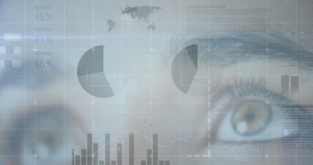 Image of statistics and data processing over woman's eye in background
