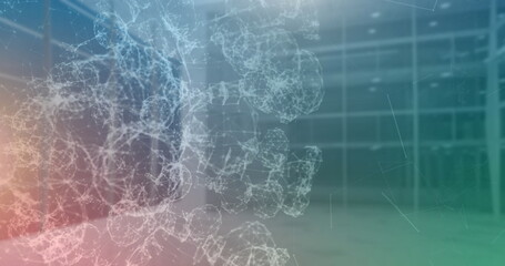 Image of dna structure spinning over grid on blue background