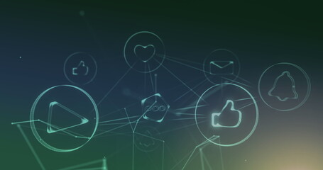 Image of digital icons over network of connections on blue background