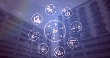 Image of network of digital icons over office blocks on purple tinted background