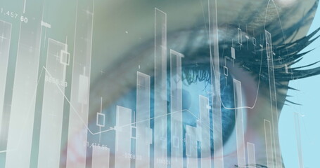 Image of statistics and data processing over woman's eye in background