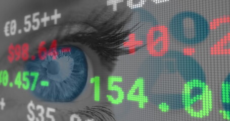 Image of financial data processing with medical icons over woman's eye in background