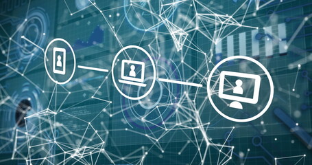 Image of communication device icons over network of connections