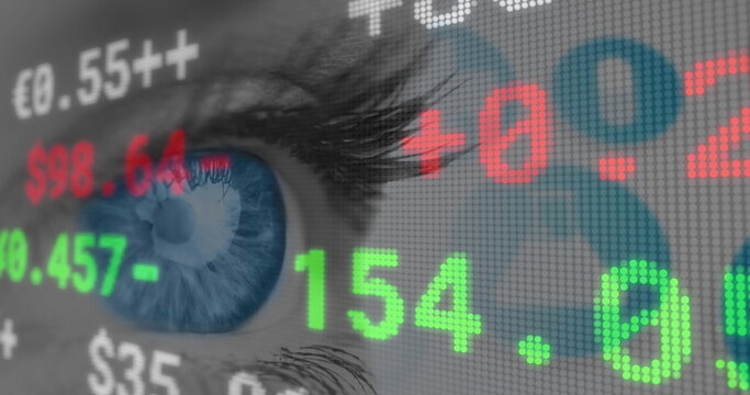 Image of financial data processing with medical icons over woman's eye in background