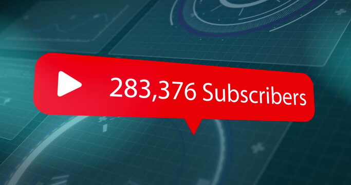 Image of speech bubble with subscribers text and numbers over blue grid
