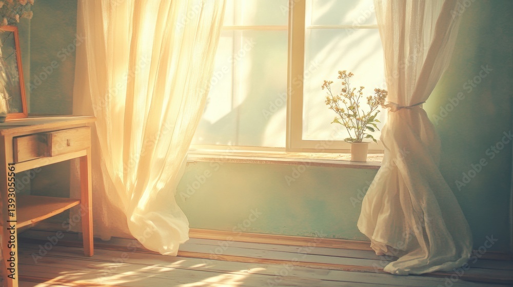 Aufkleber sunlight filters through delicate curtains in a pastel room filled with warmth and tranquility durin