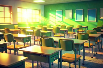 Empty Classroom Panning Shot, Bokeh, Green Desks, School, University, Education Background