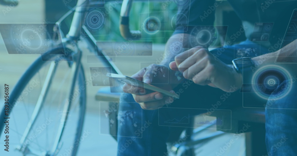 Poster image of scopes scanning and data processing on screens over man using smartphone
