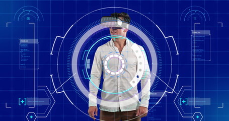Data processing and scope scanner over man wearing vr headset against blue background