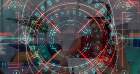 Data processing and neon scope scanner against caucasian woman wearing vr headset at home