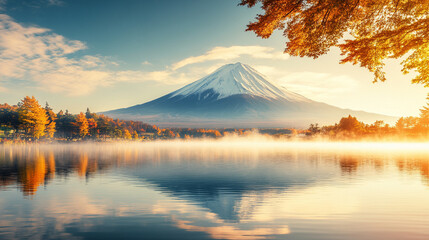 Majestic Mount Fuji Reflected in Tranquil Lake During Autumn Sunrise with Colorful Foliage