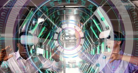 Data processing and scope scanner over two diverse men gesturing while wearing vr headset