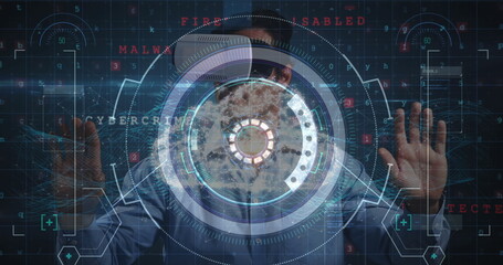 Scope scanning over data processing against man wearing vr headset touching futuristic screen