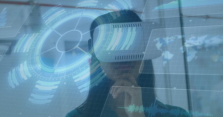 Image of scope scanning and screen with world map over woman wearing vr headset