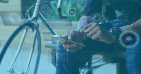 Image of scopes scanning and data processing on screens over man using smartphone