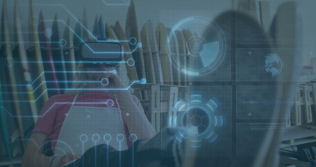 Image of scope scanning and screens with data processing over man wearing vr headset