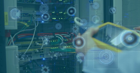 Image of scopes scanning and data processing on screens over man checking computer server