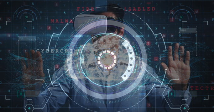 Scope scanning over data processing against man wearing vr headset touching futuristic screen