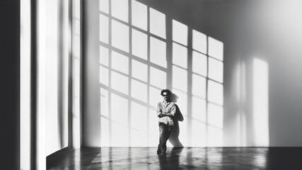 Fototapeta premium Shadows fall across a man’s face as he leans against a white wall, the monochrome tones enhancing the timeless fashion aesthetic.